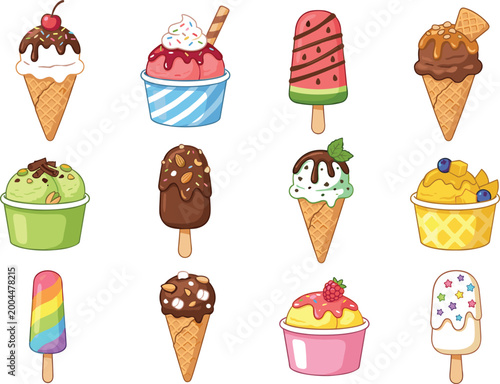 Colorful ice cream icon set with cones, popsicles, cups and sweet dessert collection in cute hand drawn vector style