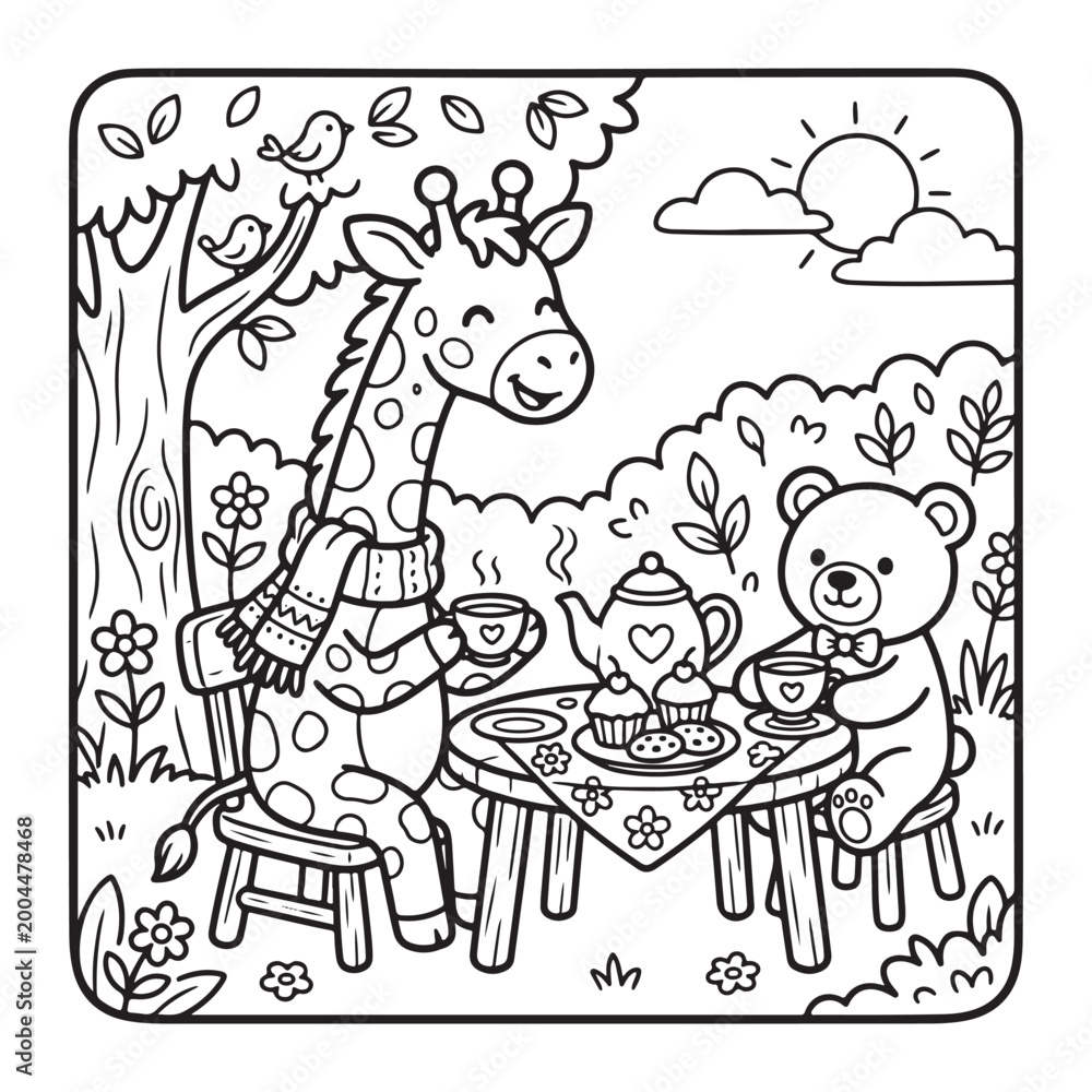 Fototapeta premium Cute giraffe with scarf tea party coloring page for kids fun simple bold outline design art page