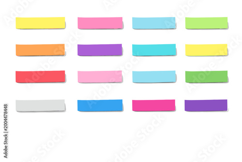 Set of Realistic Colorful Sticky Note Strips and Adhesive Index Tabs Isolated on White Background. Multi-Colored Paper Memo Stickers with Shadows for Office Reminders and School Stationery.