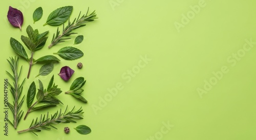 Fresh green herbs and rosemary leaves arranged on a soft light green background for cooking and food background design for culinary websites and organic menus