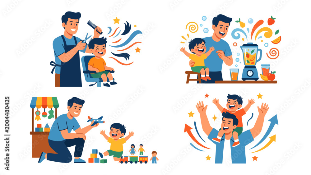 Fototapeta premium Parenting Moments: This illustration captures a father's affectionate interactions with his son, highlighting the everyday joy of parenting in four distinct scenarios.