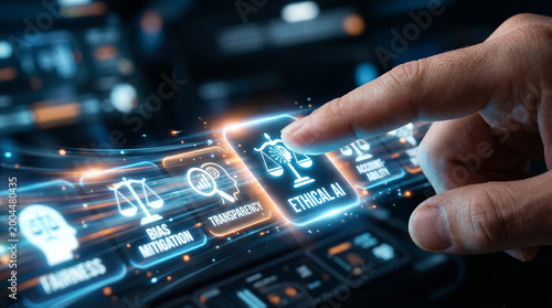Anti ai slop content ethical ai finger touch digital interface with bias mitigation and transparency concept