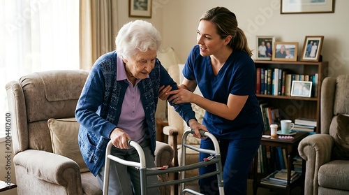 Senior Caregiver Assisting Elderly Woman with Walker at Home | Home Health Support