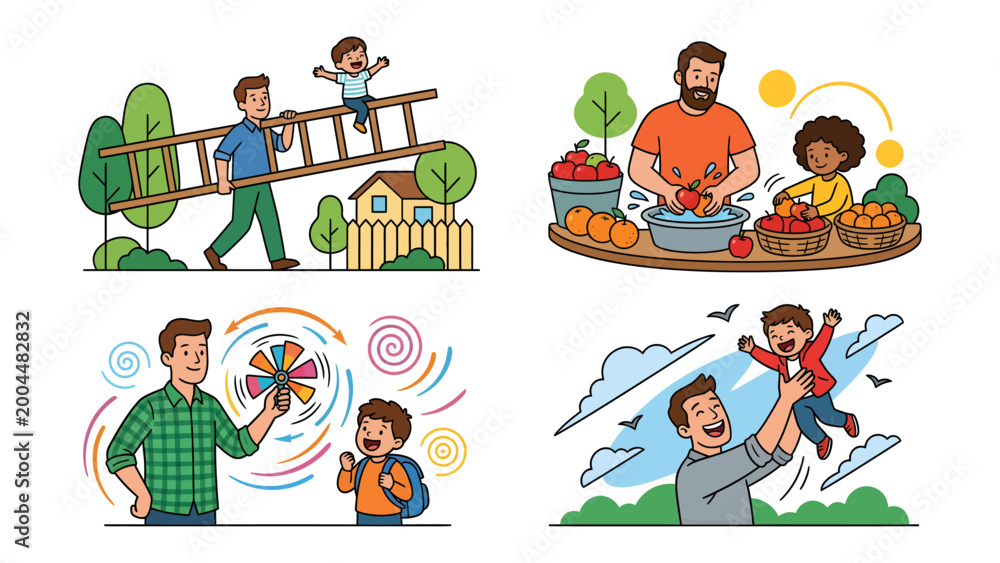 Fototapeta premium Father-Child Moments: A heartwarming compilation of illustrated moments showcasing the special bond between a father and his child, filled with love, playfulness, and shared experiences.
