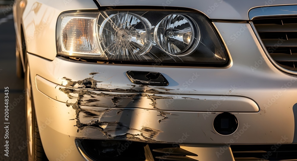 Fototapeta premium Damaged Car Bumper After Accident, Vehicle Collision and Insurance Claim Concept