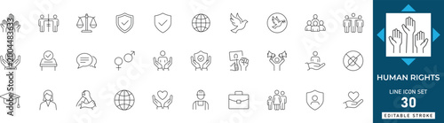 Tableau sur toile Human Rights line icon set featuring equality, justice, freedom, law, diversity, peace, and advocacy
