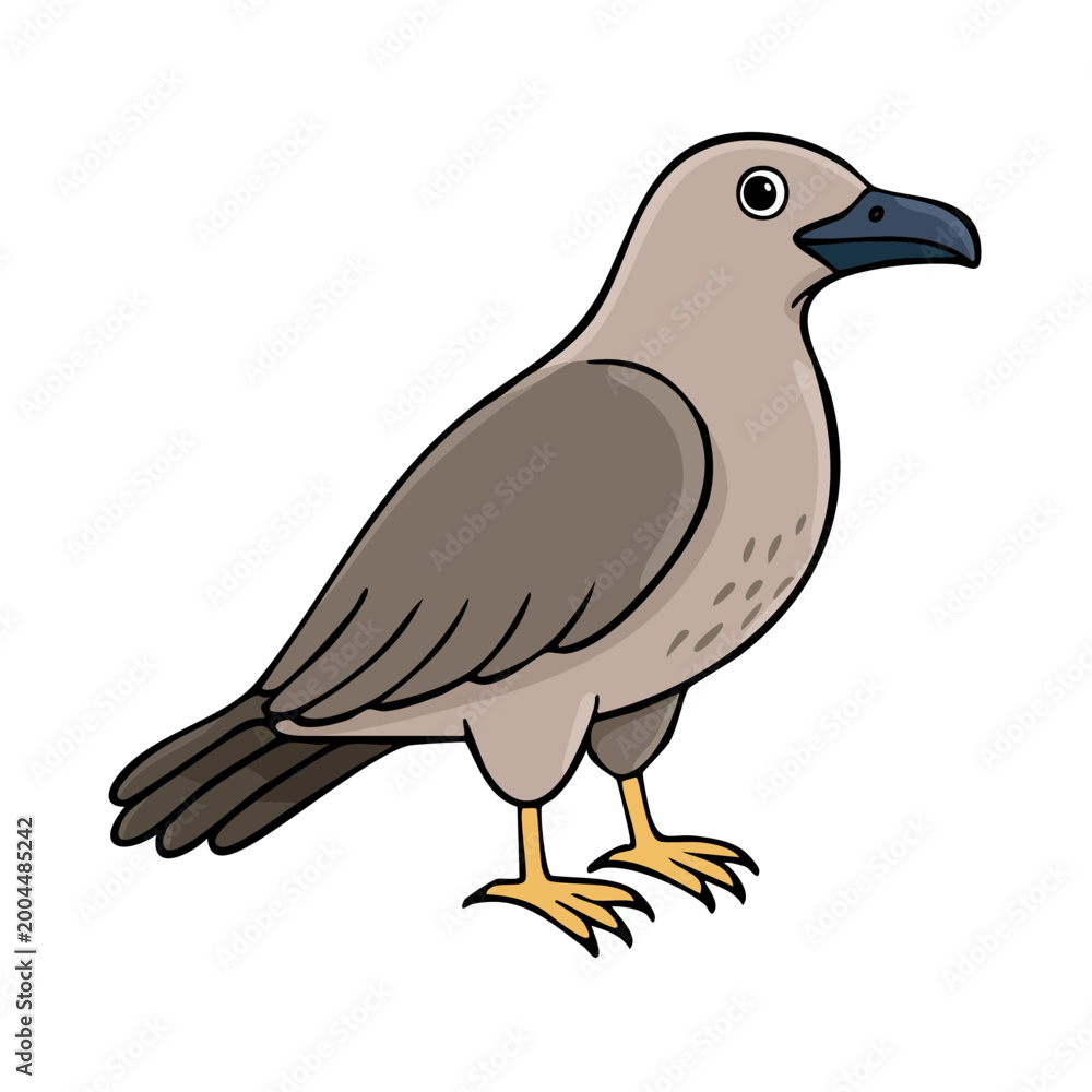 Fototapeta premium Cartoon illustration of a curious grey bird with a black beak and yellow legs standing still