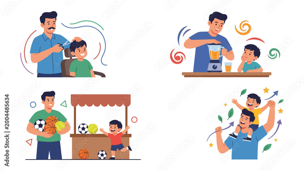 Fototapeta premium Father and Son Moments: A collection of heartwarming illustrations capturing the special bond between a father and son, showcasing their daily life.
