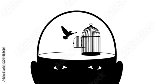Slika na platnu Bird escaping from open cage inside silhouette of human head, symbolizing freedo