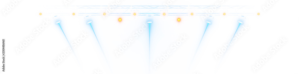 Fototapeta premium Blue stage spotlight beams with truss, transparent png overlay