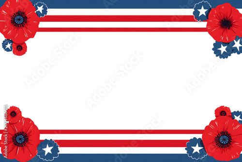 Patriotic Floral Frame with Poppies on White Background