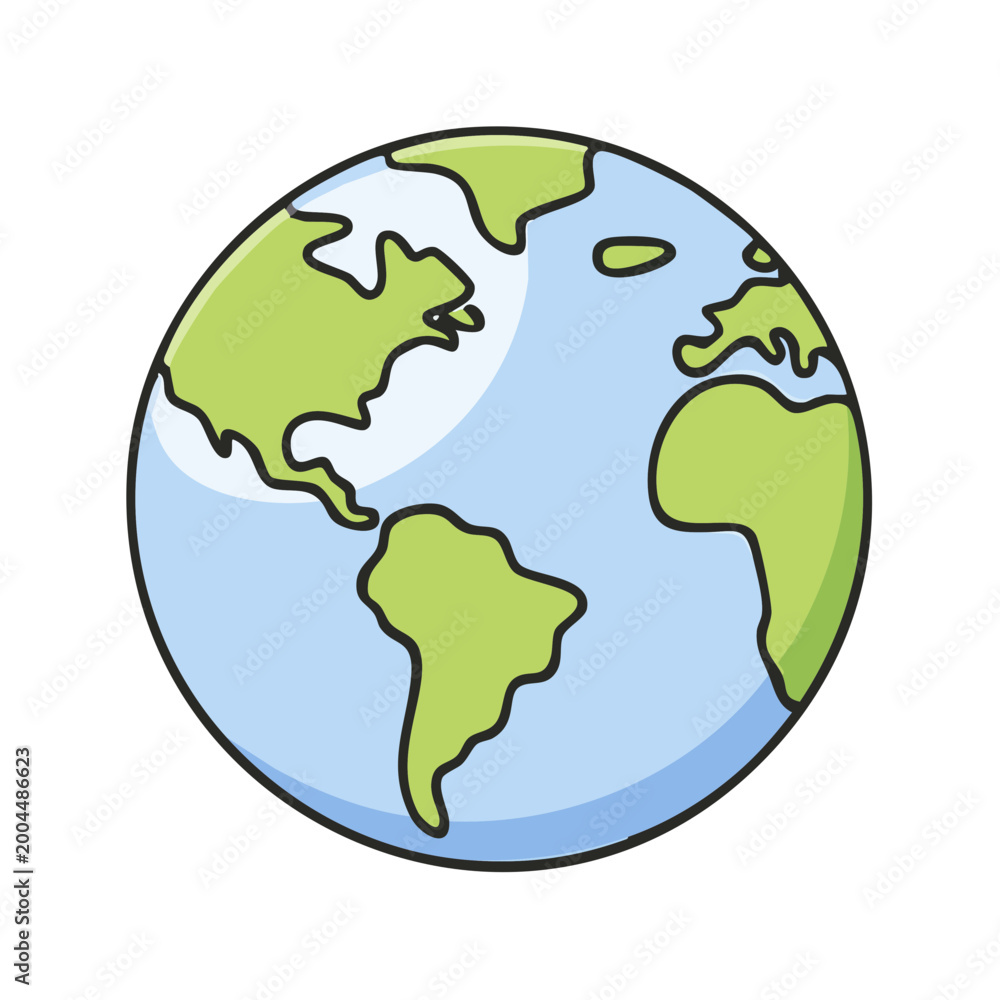 Obraz premium Cartoon Earth globe showing continents and oceans in a stylized flat drawing art style