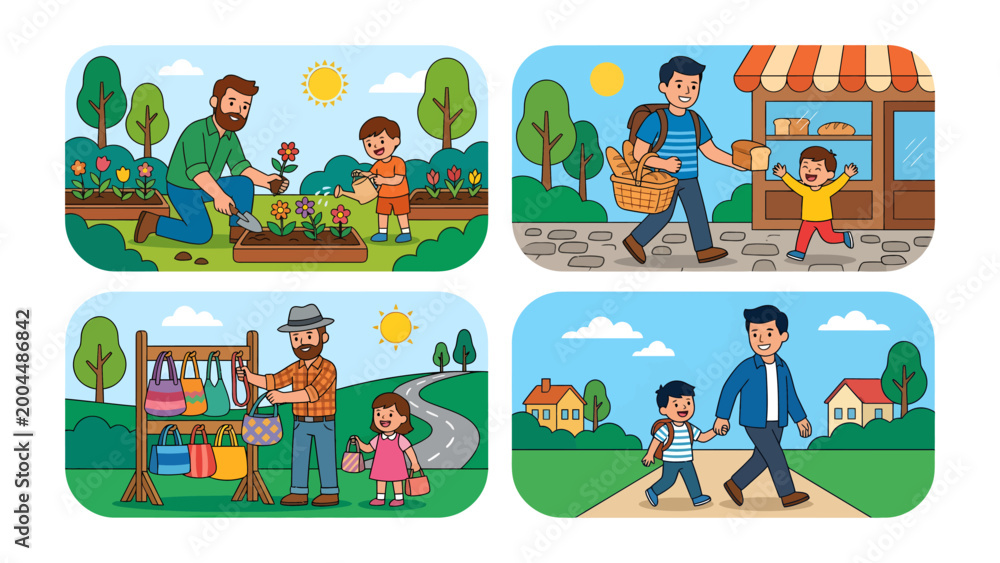Fototapeta premium Father and Child Scenarios: Four delightful cartoon panels depict a heartwarming journey of a father and child, spanning from gardening and market visits to shopping and strolls.