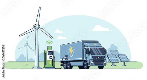 Electric truck charging at renewable energy station illustration