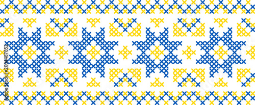 Ukrainian Seamless Embroidery Border Pattern Light Background Blue and Yellow Cross Stitch Ornament Traditional Folk Floral Repeat Texture