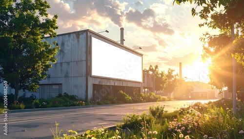 Industrial building with blank billboard, sunlit street, lush greenery, and smokestack