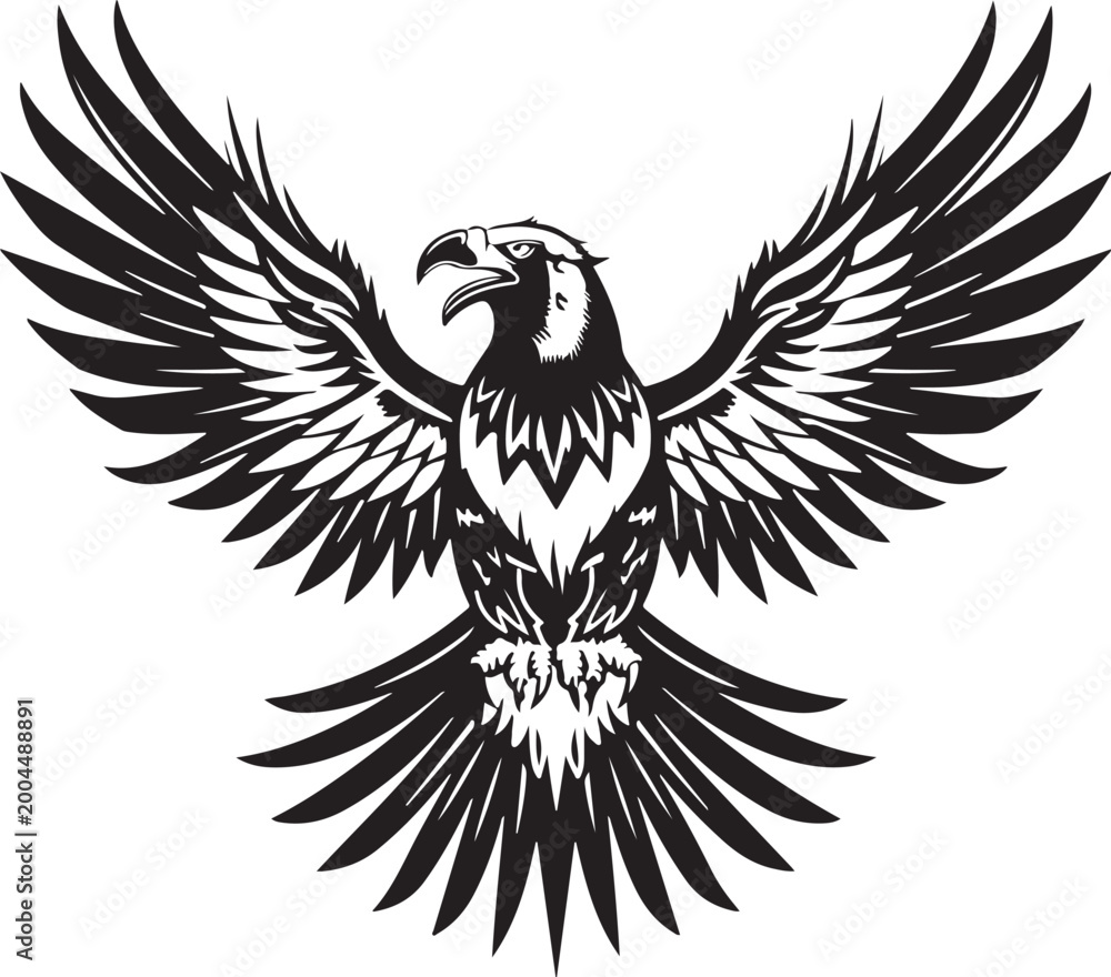 Fototapeta premium Powerful eagle with open wings silhouette vector illustration in black and white 