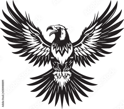 Powerful eagle with open wings silhouette vector illustration in black and white
