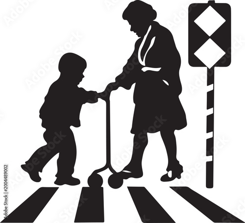Silhouette of a woman and child crossing the street  vector illustration