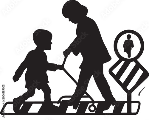Silhouette of a mother with stroller and child crossing the street vector illustration
