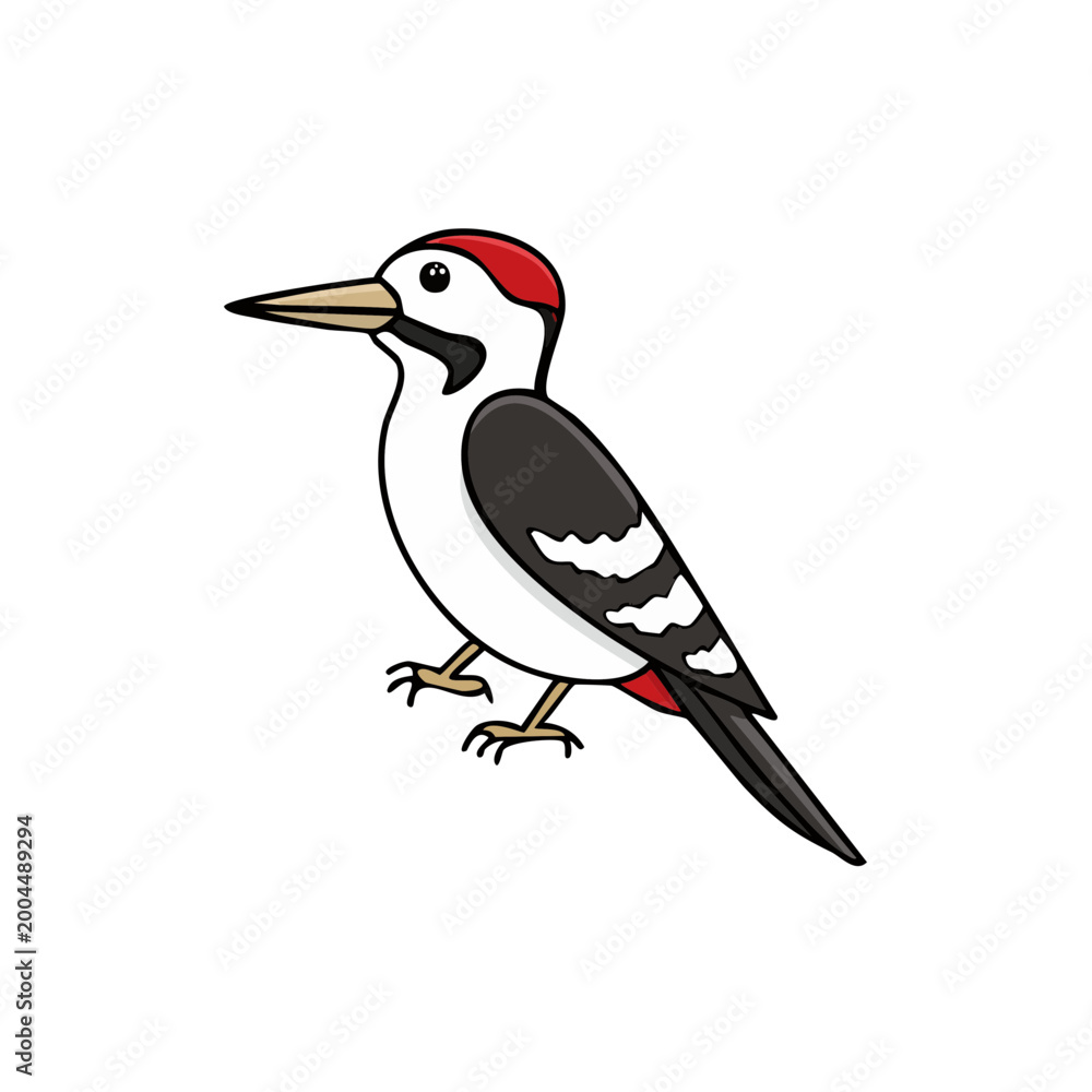 Fototapeta premium Cartoon illustration of a spotted woodpecker with a red crown and black markings on a white background