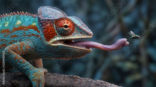 Blue and orange chameleon extending its long tongue to catch a fly on a wooden branch