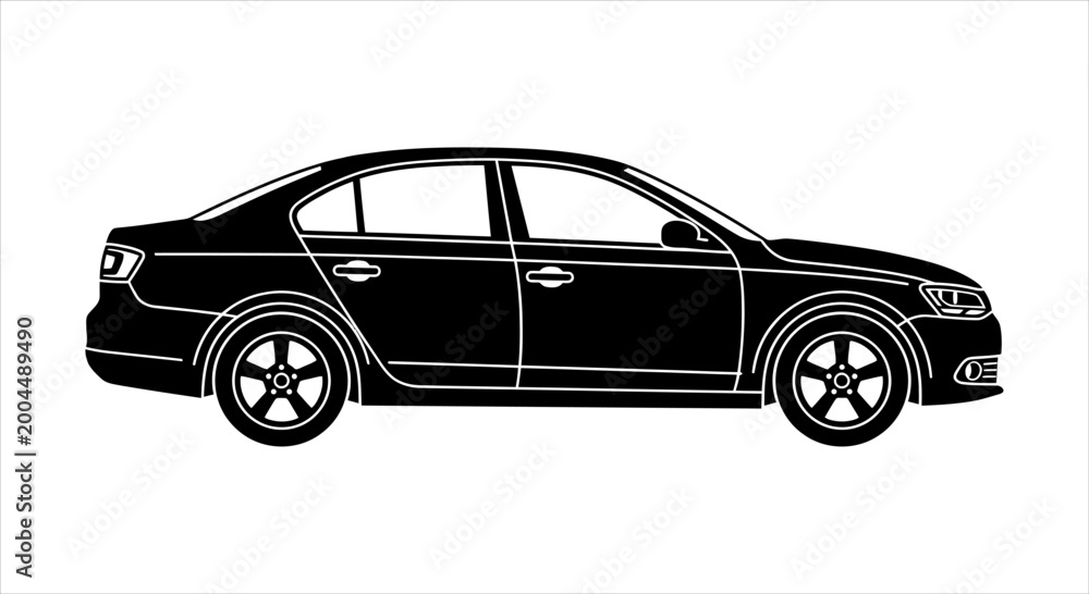 Naklejka premium Sleek Black Sedan Car Side Profile Silhouette Vector Illustration