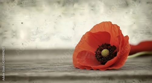 Vintage red poppy flower on rustic wooden surface, artistic floral still life with textured background, nostalgic botanical bloom on wood