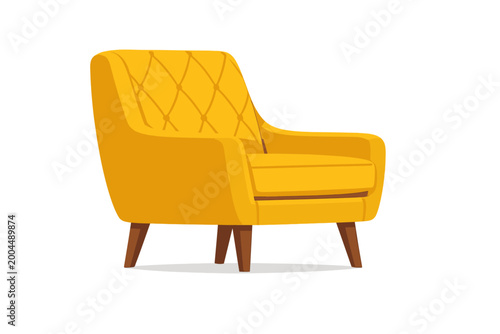 Mustard Yellow Upholstered Armchair Vector Illustration, Mid-Century Modern Style Lounge Chair with Tufted Backrest and Tapered Wooden Legs, Comfortable Furniture for Living Room Interior Design.