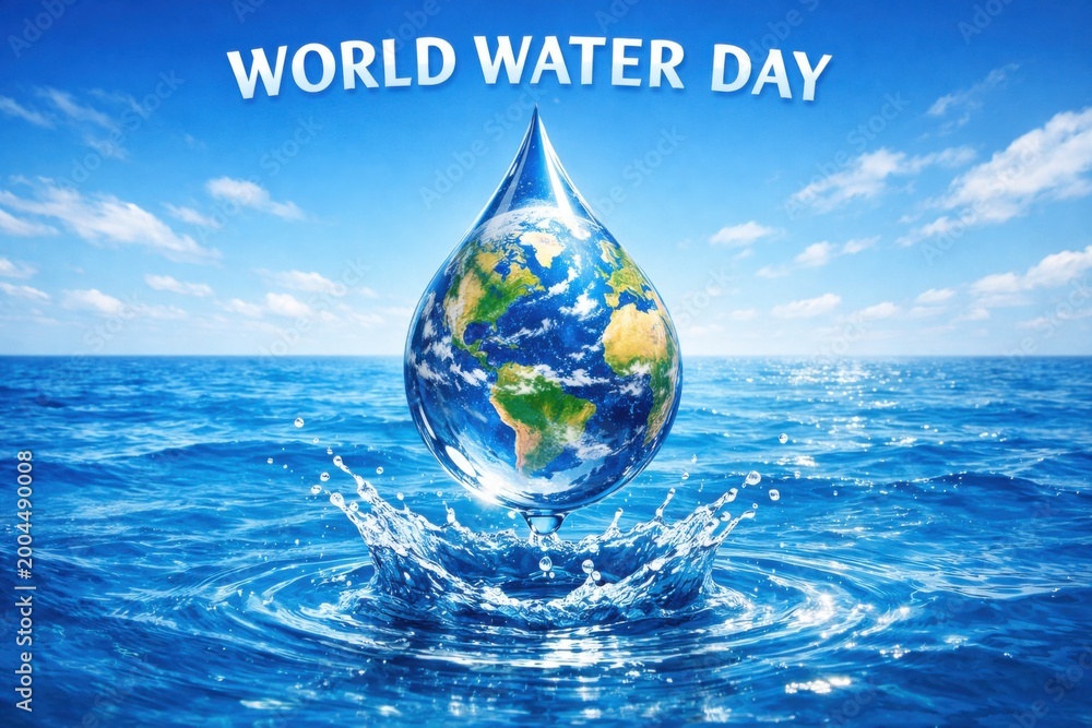 Fototapeta premium A water droplet shaped like Earth splashes into the ocean under a bright sky, highlighting World Water Day awareness.