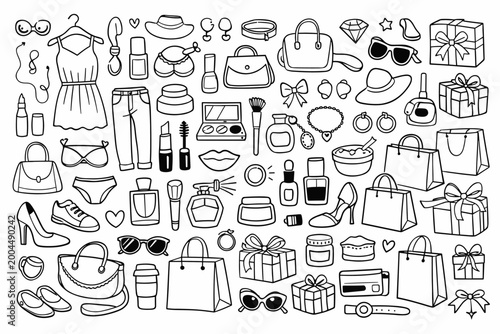 Large Set of Fashion Shopping and Beauty Vector Doodles with Hand Drawn Clothing, Cosmetics, Accessories, Gift Boxes, Handbags, Shoes, and Makeup Icons in Black and White Line Art Style.