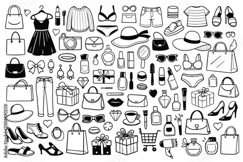 Large Set of Fashion Shopping and Beauty Vector Doodles with Hand Drawn Clothing, Cosmetics, Accessories, Shoes, Handbags, and Gift Boxes. Black and White Line Art Elements for Creative Design.