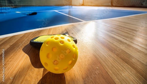 pickleball paddle and ball on court a pickleball paddle and yellow ball sit on a wooden court inside a gymnasium with natural light