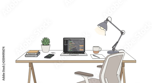Tableau sur toile Home office desk setup with laptop, lamp, and cactus plant for coding and remote work