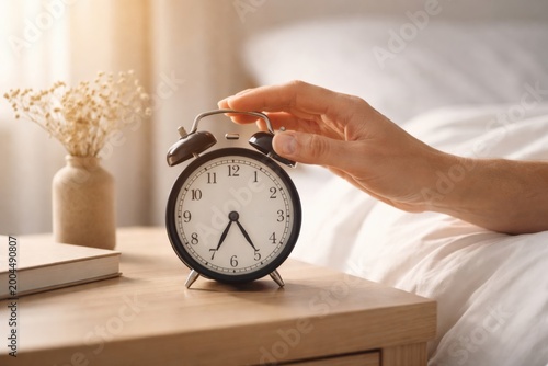 A hand reaches to turn off a classic alarm clock on a wooden bedside table, with a vase of dried flowers and soft morning light in the background.