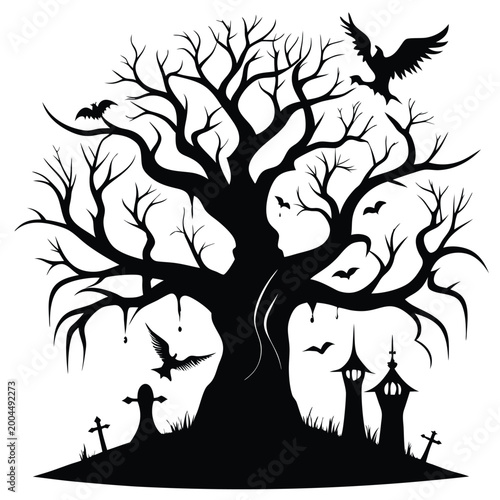 Spooky halloween silhouette illustration featuring bare tree bats graveyard and gothic architecture