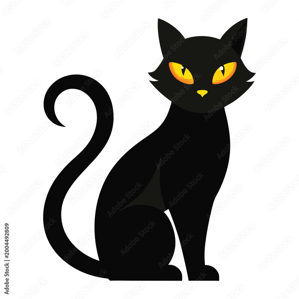 Obraz premium Vector illustration of a sitting black cat with yellow eyes a popular halloween symbol.