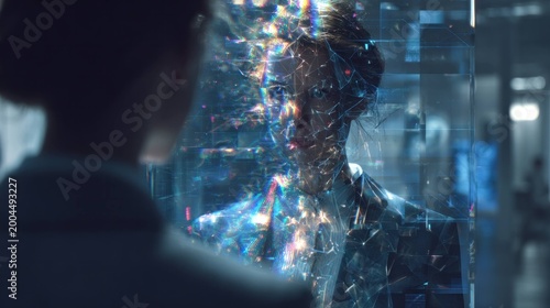Reflection, woman and shattered glass with broken mirror effect, futuristic concept with digital light and abstract fragmentation in dark environment for technology and identity.