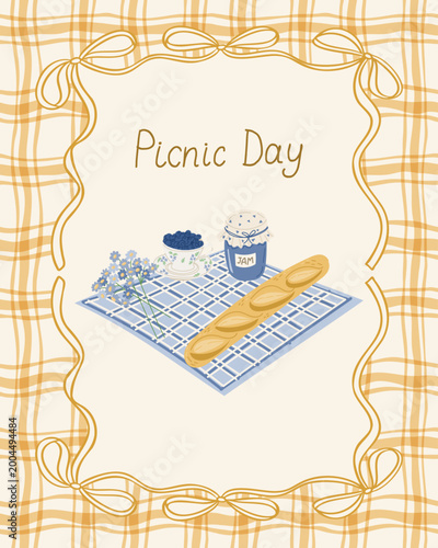 Illustration of a picnic day scene featuring a blue checkered blanket, a loaf of bread, a jar of jam, and flowers on a light background with decorative borders
