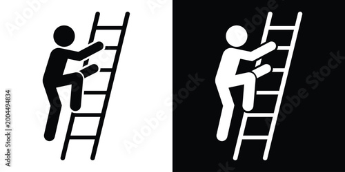 Vector illustration of a stick figure climbing a vertical ladder. Symbolic icon representing growth, career advancement, construction safety, or reaching a higher goal.