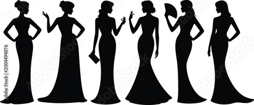 Tableau sur toile Elegant black silhouettes of beautiful women in long evening gowns posing gracefully for high fashion luxury gala event vector illustration