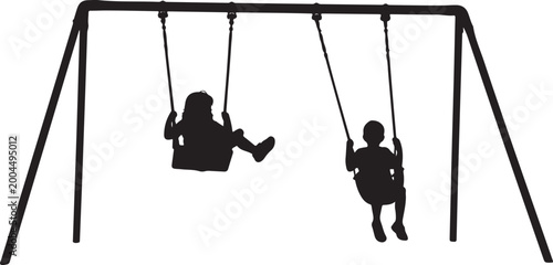Black silhouette playground swings, kids playing on swings, outdoor recreation, vector icons