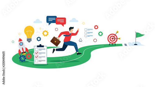 Corporate employee wearing a red shirt running along a winding green path toward a goal flag to represent business milestones and personal progress.