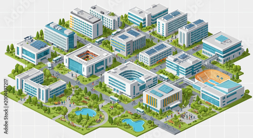 Foto Modern University Campus Isometric View: Buildings, Green Spaces, and People