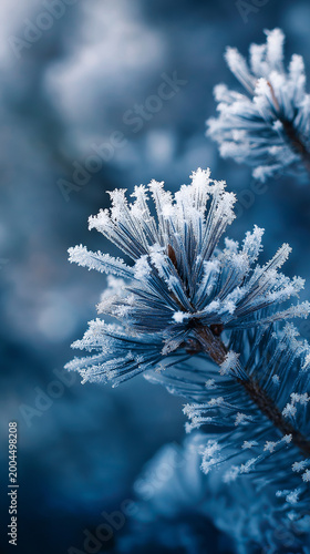 Aesthetic Winter Macro Frozen Pine Branch with Snow Crystals Frost and Icy Bokeh Background in Cool Blue White, Seasonal iPhone Android Mobile Phone Wallpaper Stock Image