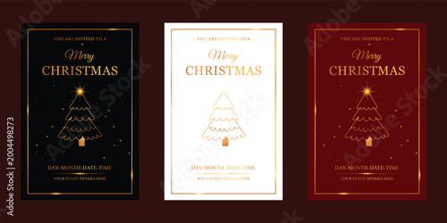 Elegant Merry Christmas Invitation Card Set, Luxury Gold Tree Holiday Template in Black White and Red