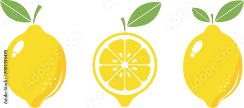 Minimal lemon illustration set featuring whole and sliced citrus fruit with leaves in clean flat vector style for fresh food design