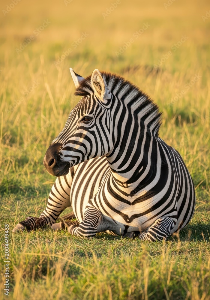 Fototapeta premium Zebra rests peacefully in the golden grass during sunset.