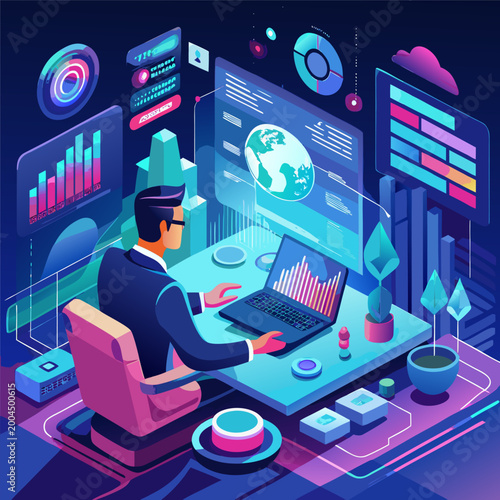 Futuristic Business Data Analytics Dashboard with Holographic Interface in Modern Office