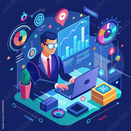 Futuristic Business Data Analytics Dashboard with Holographic Interface in Modern Office